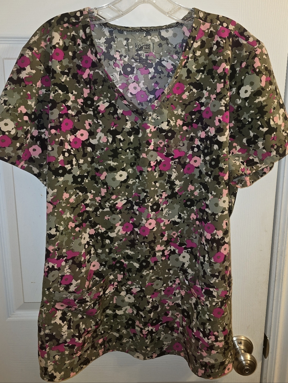 Women's Koi V-Neck Scrub Top - Olive & Pink Floral Camo